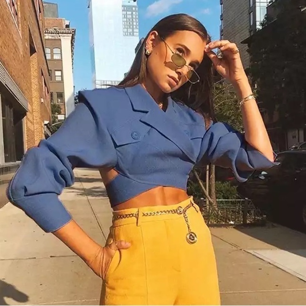 Brand New Women's Blue Blouse Collar Long Sleeve Vintage Short Shirt. Si…